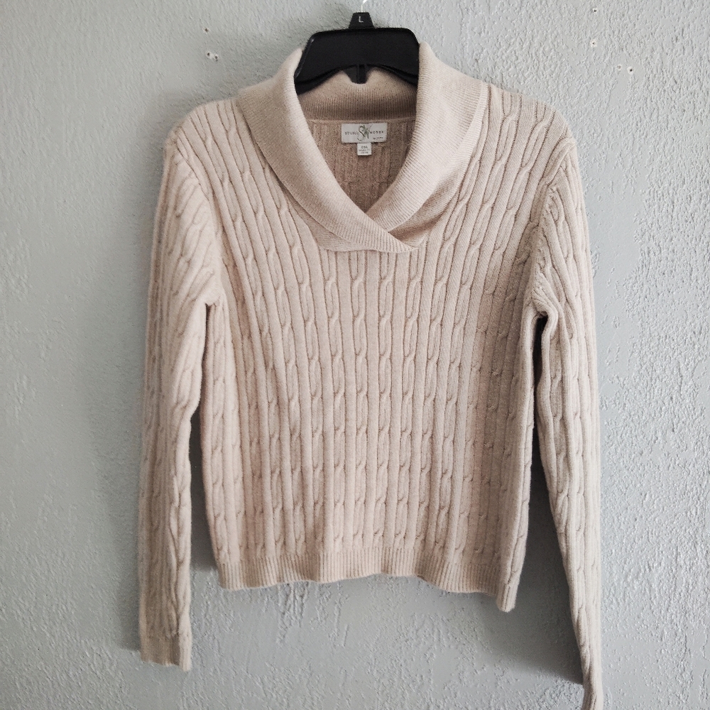 Studio Works Petite Beige/Tan Shawl Collar Long Sleeve Cable Knit Sweater Sz PM